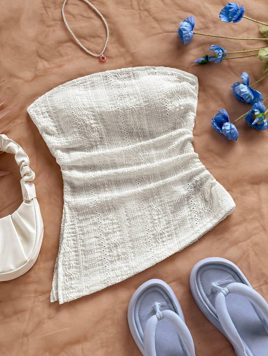 Soleia Blusa ajustada de corte ceñido con diseño fruncido, corte asimétrico en el bajo, abertura lateral y textura vintage azul, ideal para vacaciones, fiestas, citas de San Valentín, tardes de té y estilo urbano