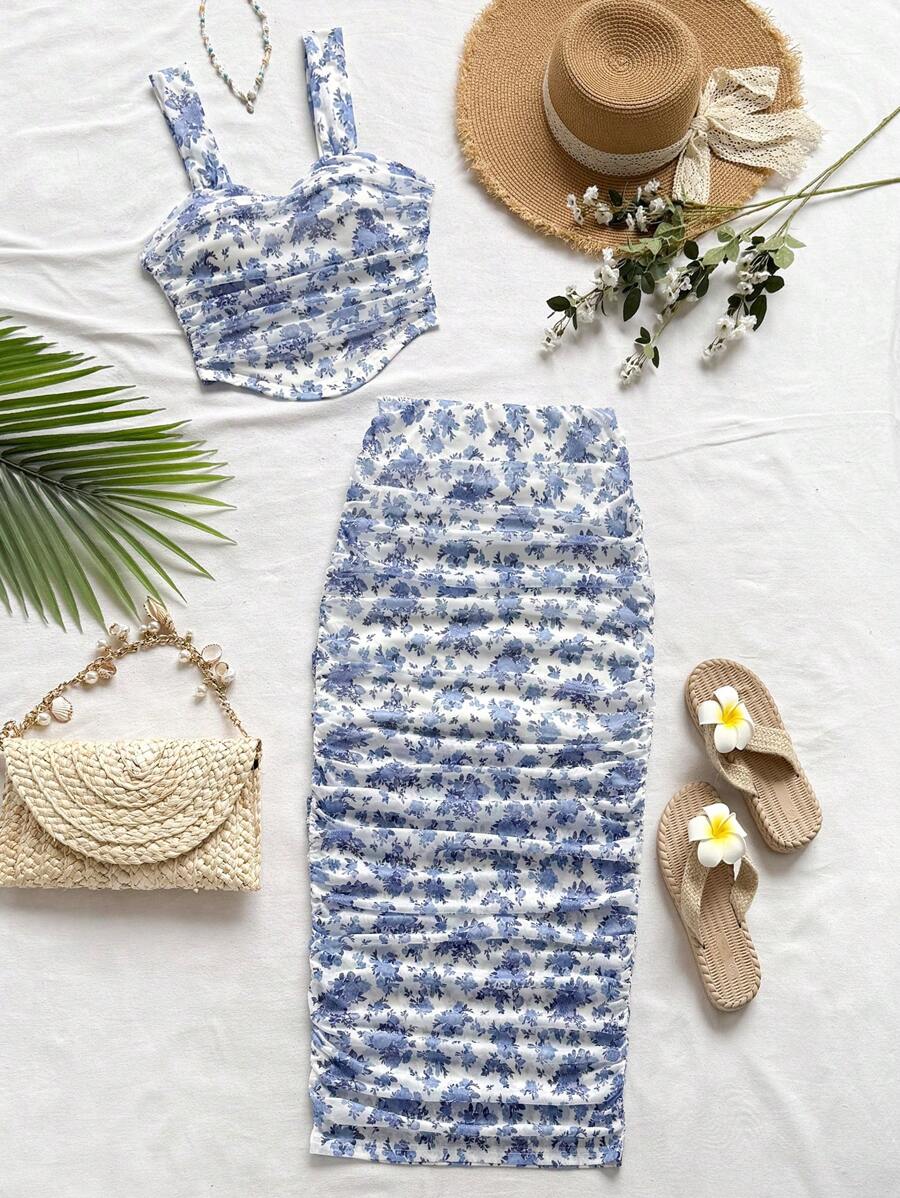 Soleia Completo da donna con top a canottiera con motivo floreale ditsy e minigonna plissettata, stile vacanziero, per spiaggia e vacanza, abbinamento primaverile/estivo, per donna, stile boho per festival musicali all'aperto