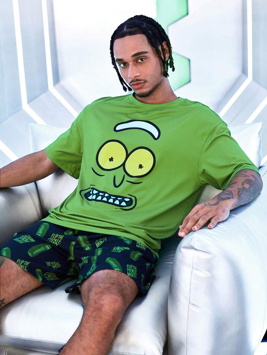 Rick and Morty X SHEIN Conjunto de pijama de camiseta de manga corta de corte holgado con estampado gráfico de dibujos animados divertidos y pantalones cortos para hombre para el verano