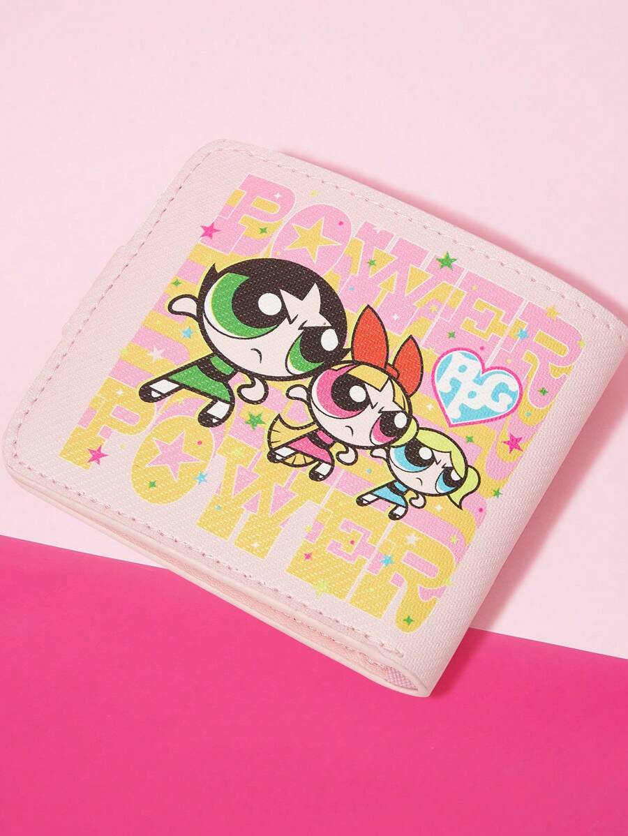 THE POWERPUFF GIRLS X SHEIN 1pc Blossom, Bubbles, Buttercup Pattern Women Creative PU Casual Short Folding Wallet, Coin Purse, Card Case, Multipurpose Zipper Wallet