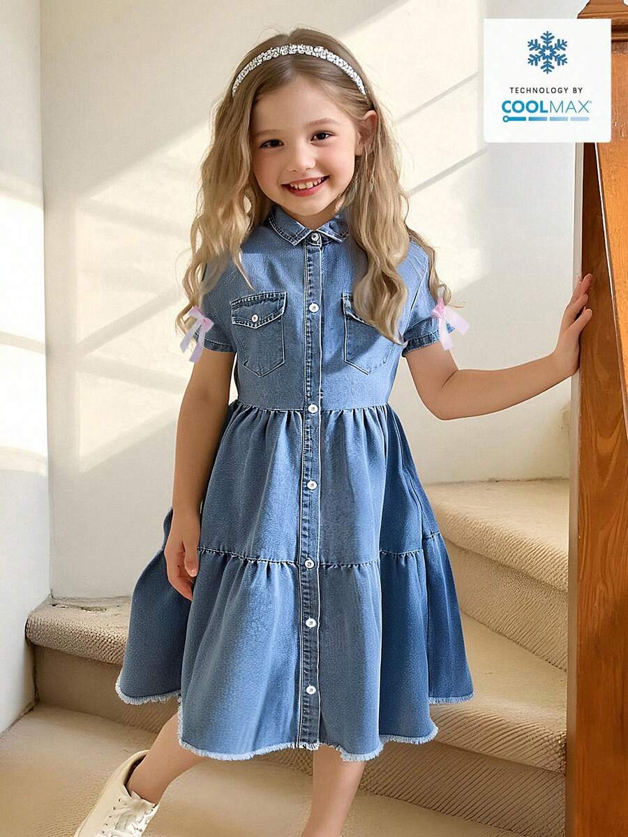 SHEIN Vintaside Kids Vestido vaquero azul claro de manga corta y cuello decorado con lazo, suelto y cómodo, para niñas