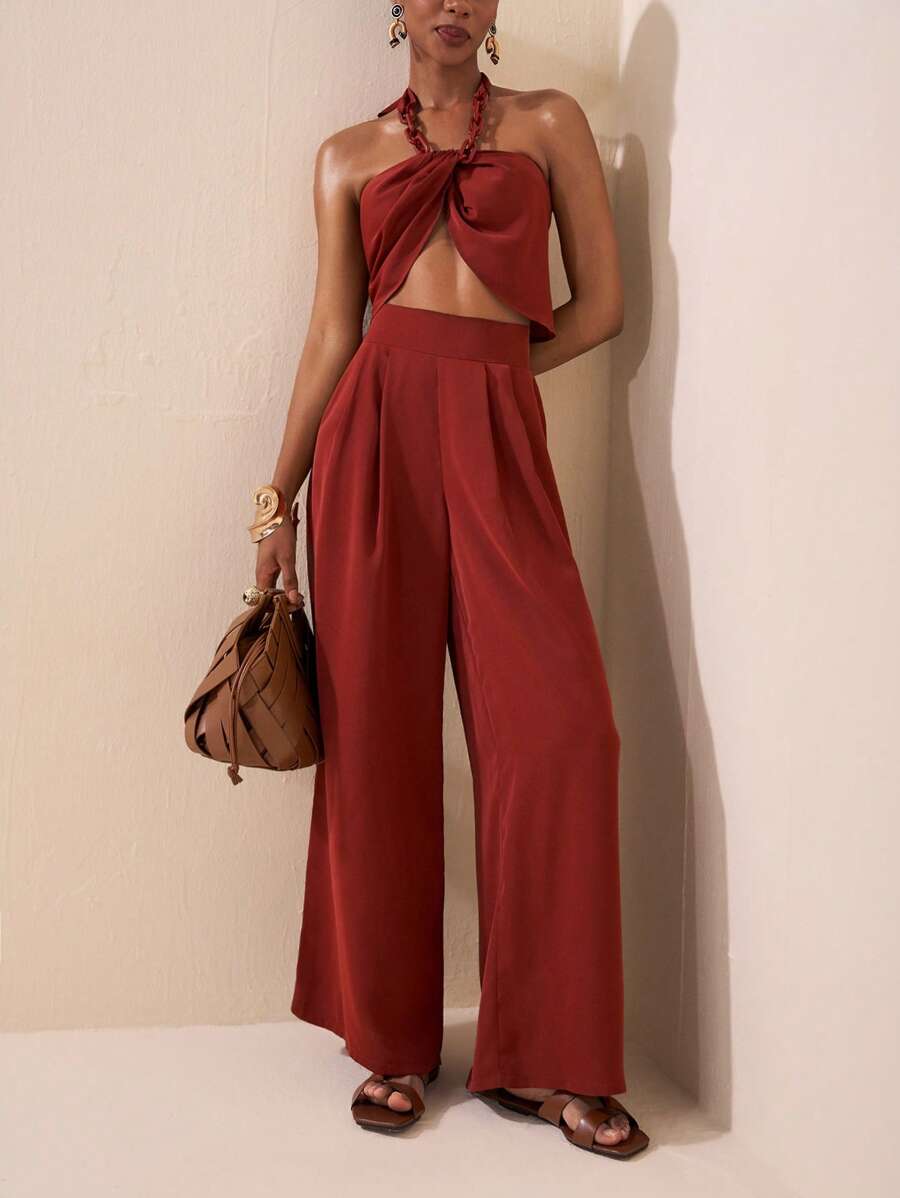 Zivah 2025 Summer New Style Wedding Birthday Party Daily Outing Basic Versatile Casual Popular Online Style Street Style Elegant Commuting Business Casual Necklace Hanging Sexy Backless Irregular Hem Women's Top And Pleated Straight Wide-Leg Pants Good Drape Red Brown Summer Suit Women's Two-Piece Suit