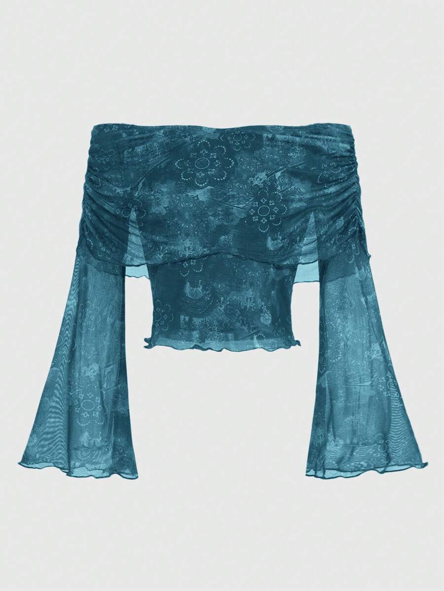 ROMWE Hippie Blusa de moda con estampado floral, manga trompeta y hombro descubierto para mujer
