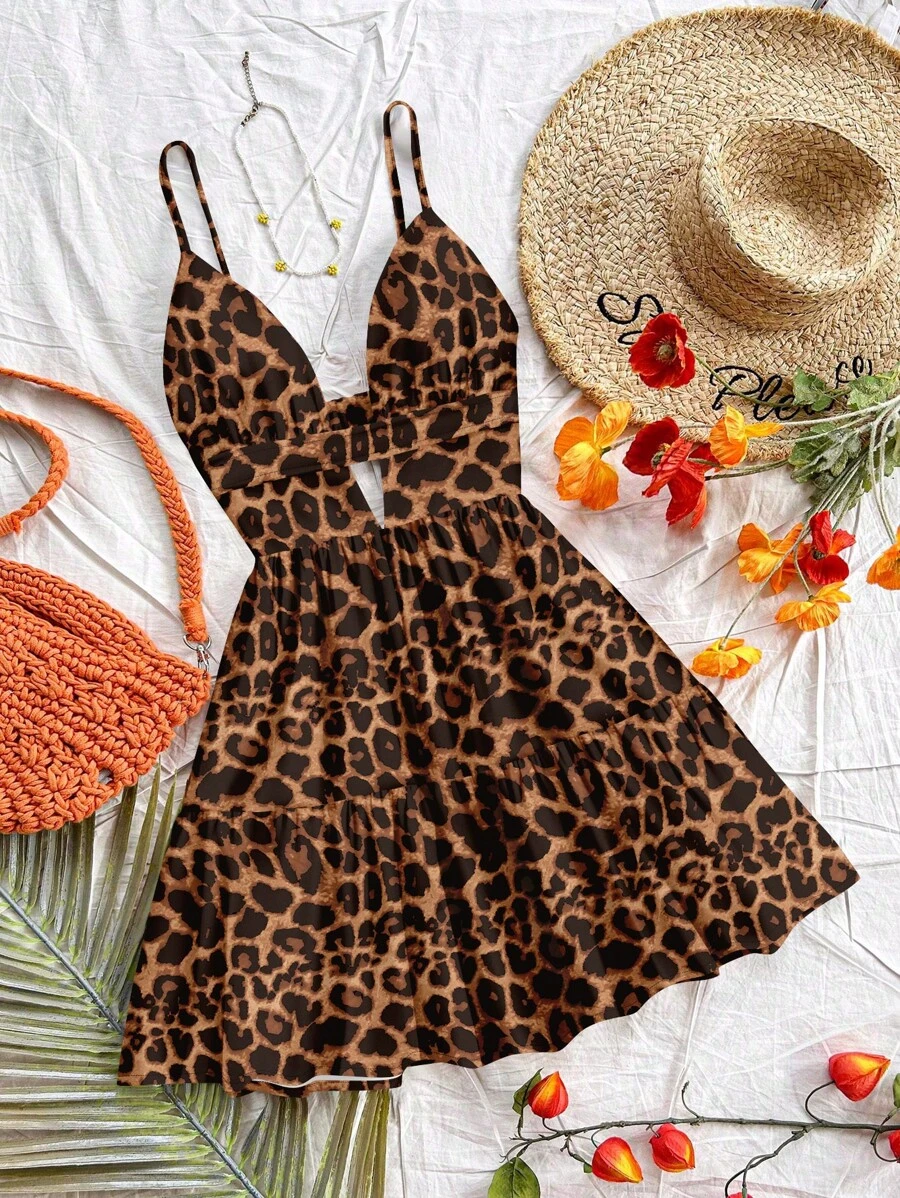 Soleia Vestido corto con escote en V, espalda descubierta y volantes con estampado de leopardo, estilo vacaciones/fiesta, adecuado para el verano