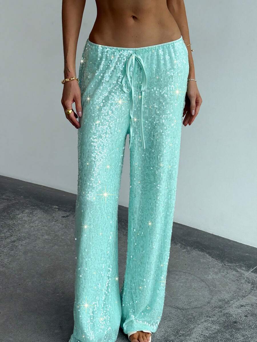 Aloruh Pantalones casuales y elegantes con cintura de cordón, parches brillantes y lentejuelas para mujer, ideales para vacaciones en la playa, estilo bohemio tropical, conciertos, festivales, country, Ibiza, Nashville, estilo occidental bohemio, streetwear tropical, Gyaru, verde menta, pantalones de lentejuelas frescos, otoño