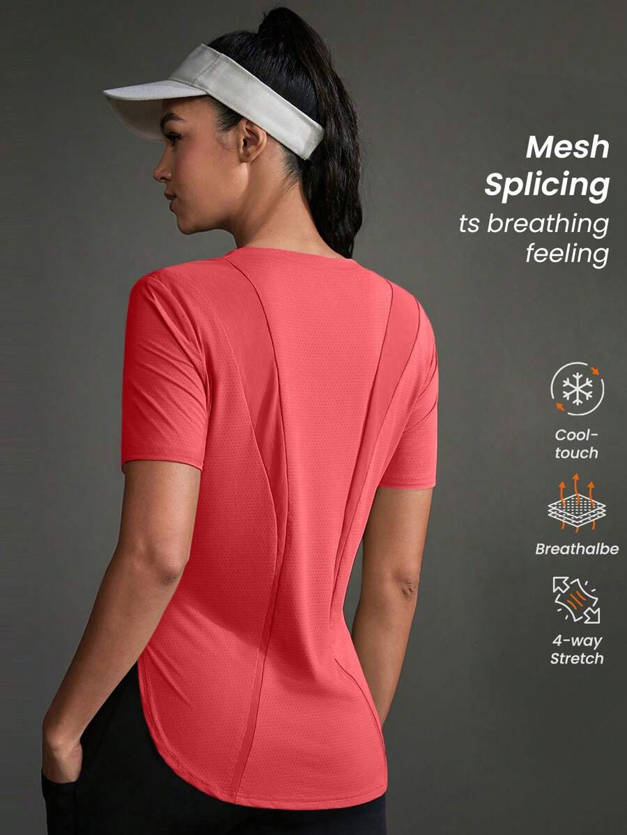 Exploreva Camiseta deportiva informal para mujer con dobladillo curvo de unicolor, de verano