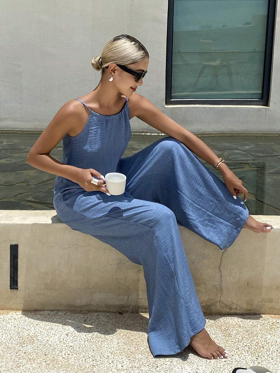 Livesso Mono de lino sin mangas para mujeres, conjunto de vacaciones de un solo color con hombros descubiertos, mono para mujeres