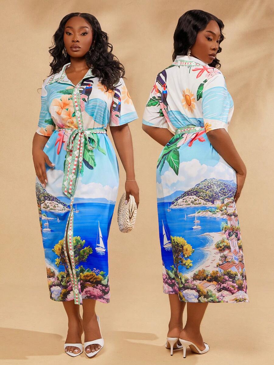 SHEIN SXY Vestido de talla grande para mujer de primavera y verano, elegante y sexy, con estampado de playa y vacaciones, de manga farol y manga abullonada, con cinturón a juego incluido, adecuado para uso diario