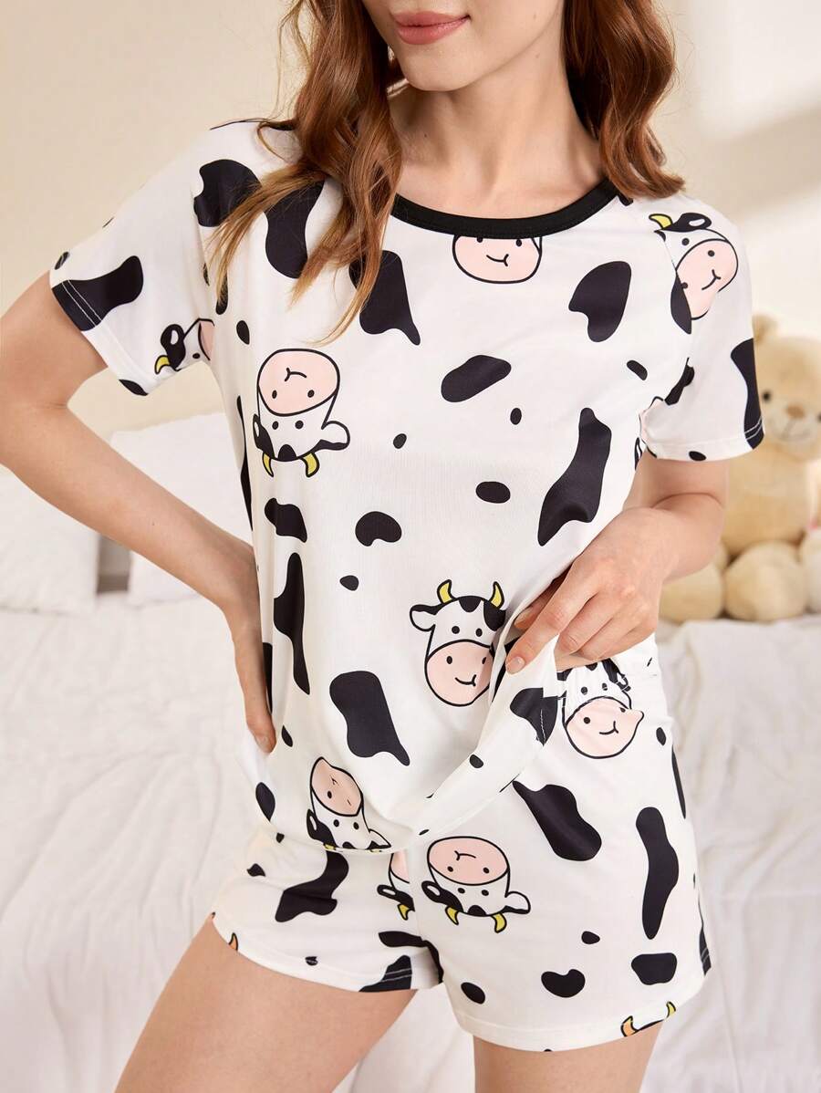 FamilyFrolics Damen Kuh-Muster Rundhals Kurz-Arm Pyjama Set (Top und Shorts)