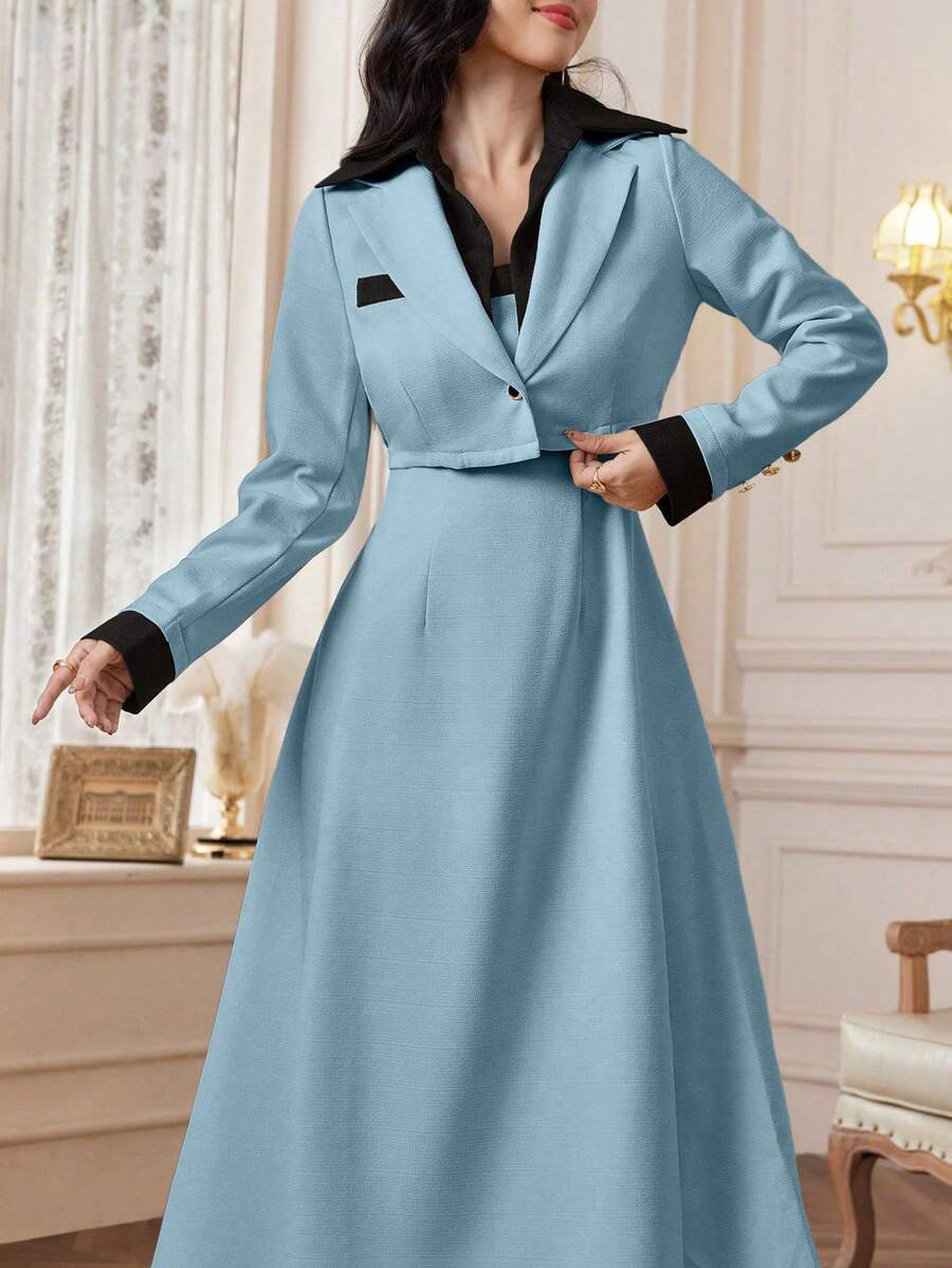Modelyn 2 Pezzi Set Elegante Abito Lungo E Giacca Con Colori A Contrasto Senza Maniche Per Donna, Set Da 2 Pezzi Autunnale