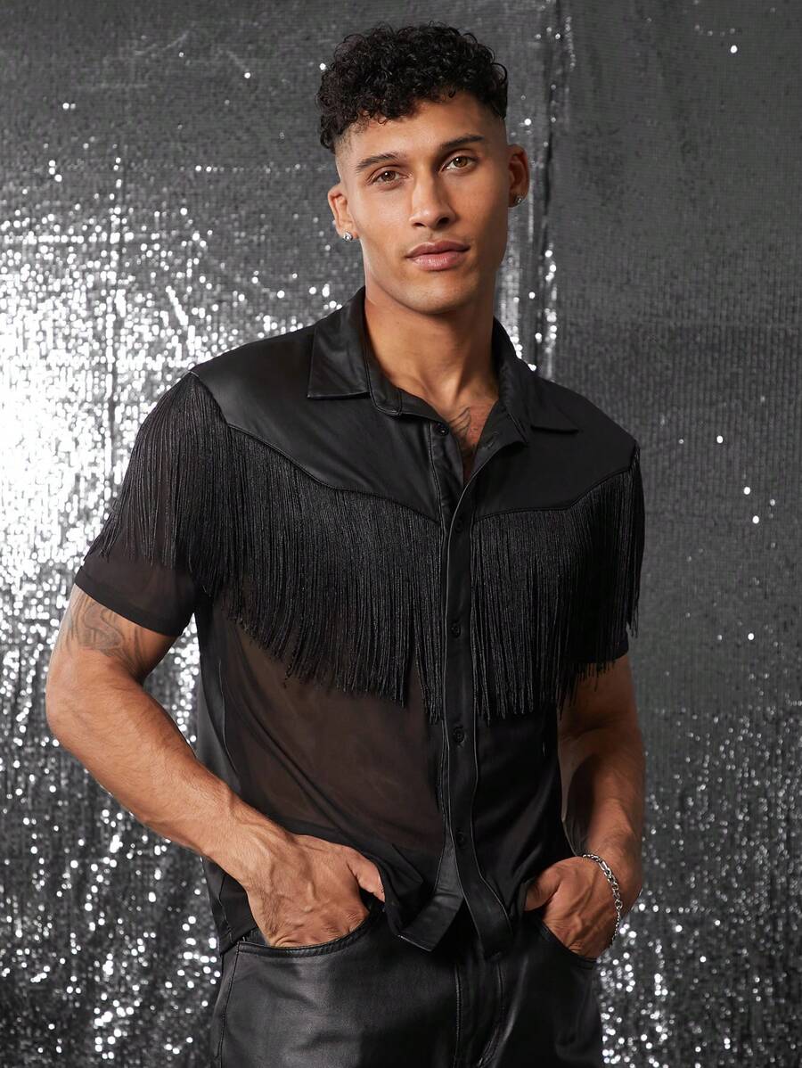 FeverCity Camisa corta de manga corta holgada con cuello polo y decoración de flecos para hombres FeverCity