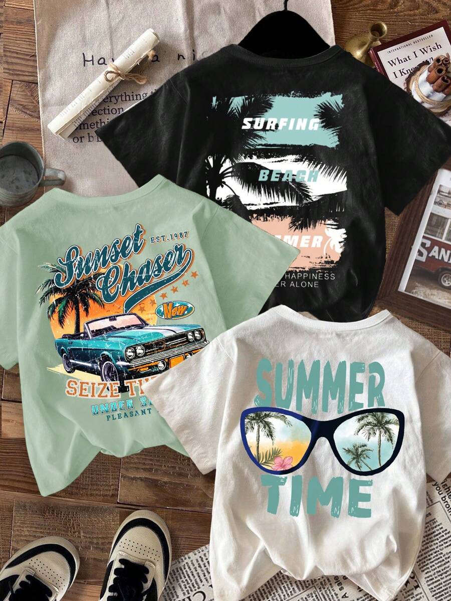 SHEIN Camiseta de manga corta y cuello redondo con gráfico de coco, adecuada para vacaciones, días festivos y verano, de estilo casual y sencillo para niños