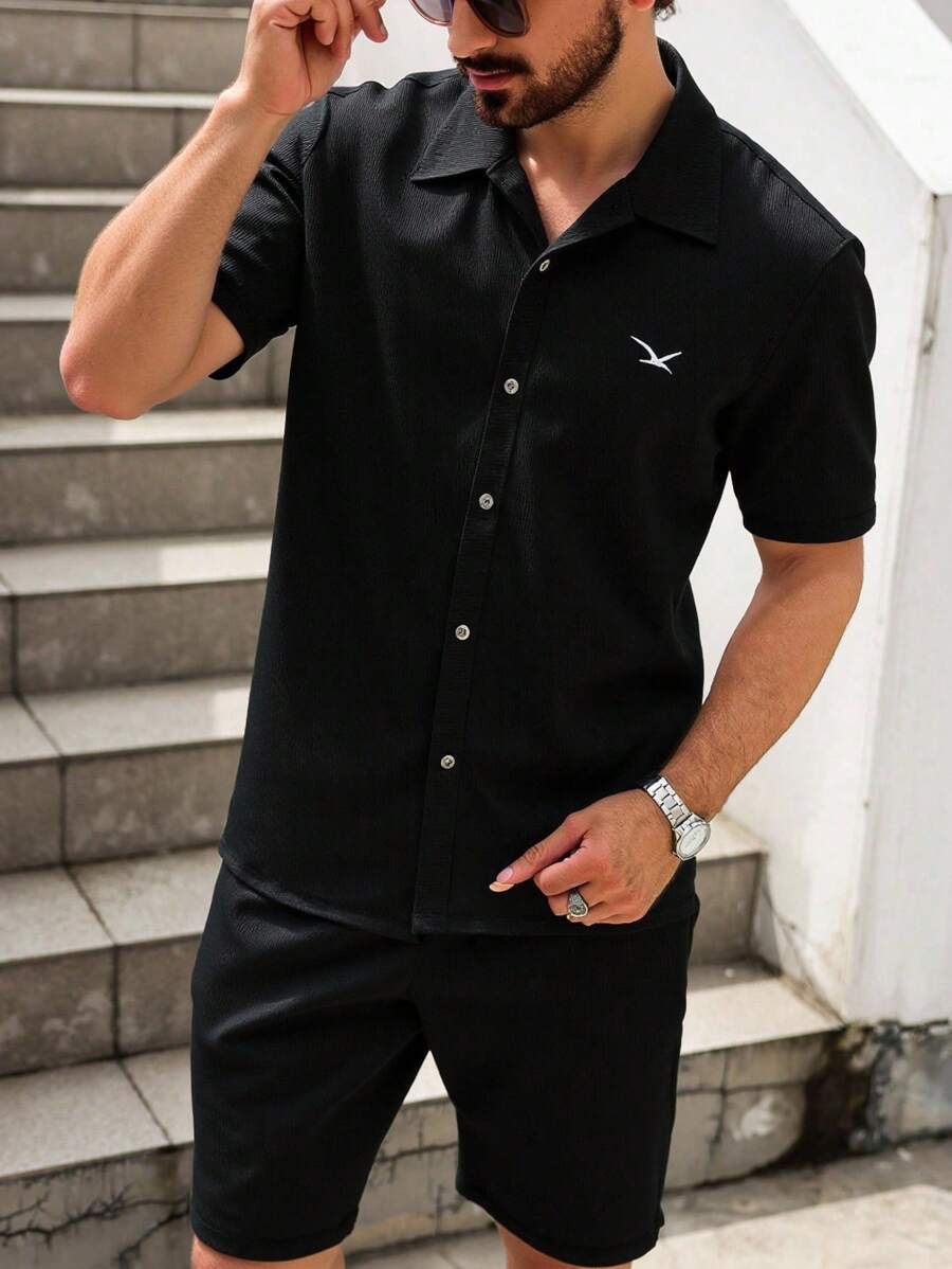 RueChic Ensemble de chemise régulière imprimée d'oiseaux en tissu spécial décontracté pour hommes