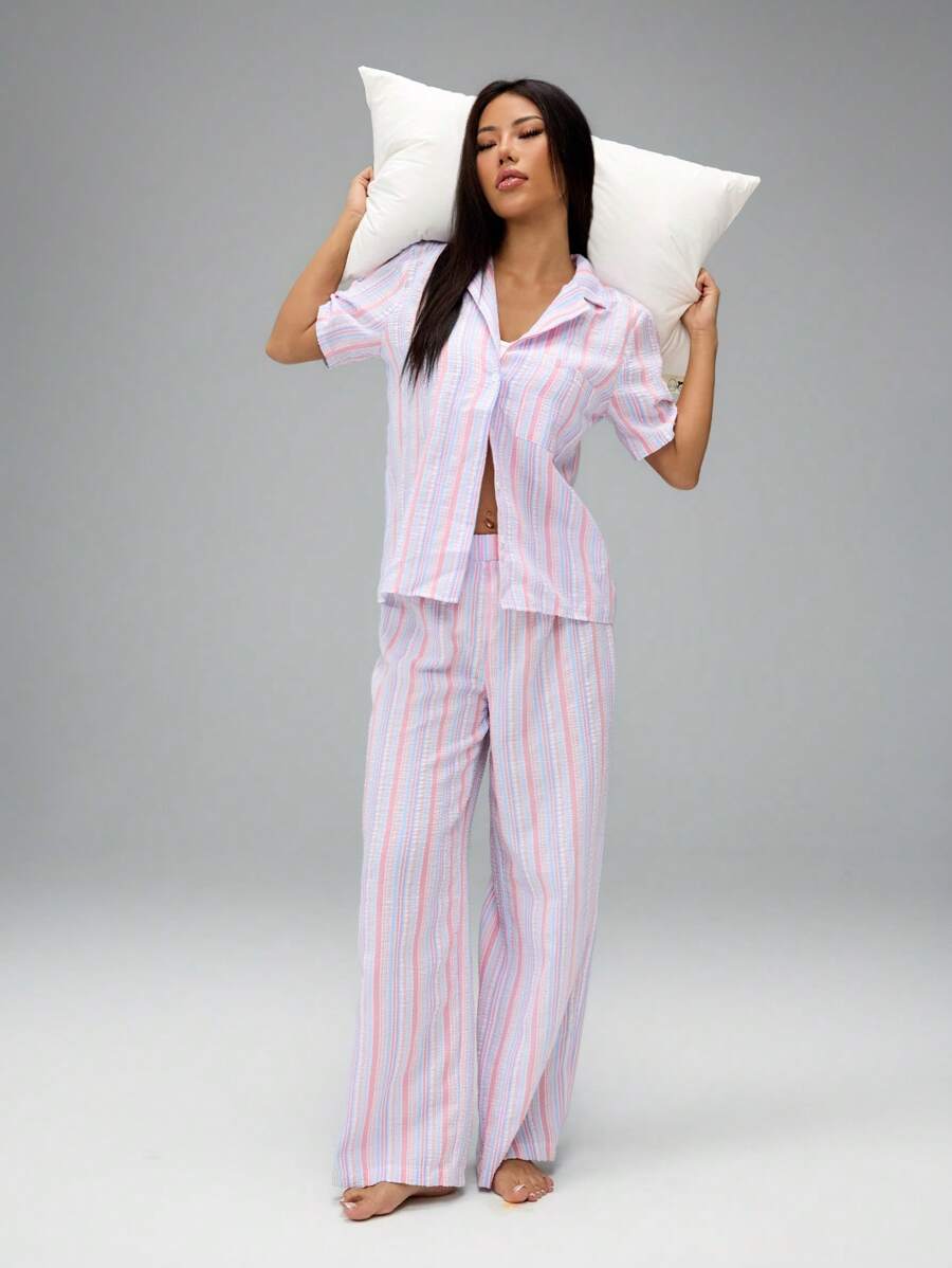 SHEIN PETITE Women's Two-Piece Button-Front Shirt And Pleated Trousers Pajama Set