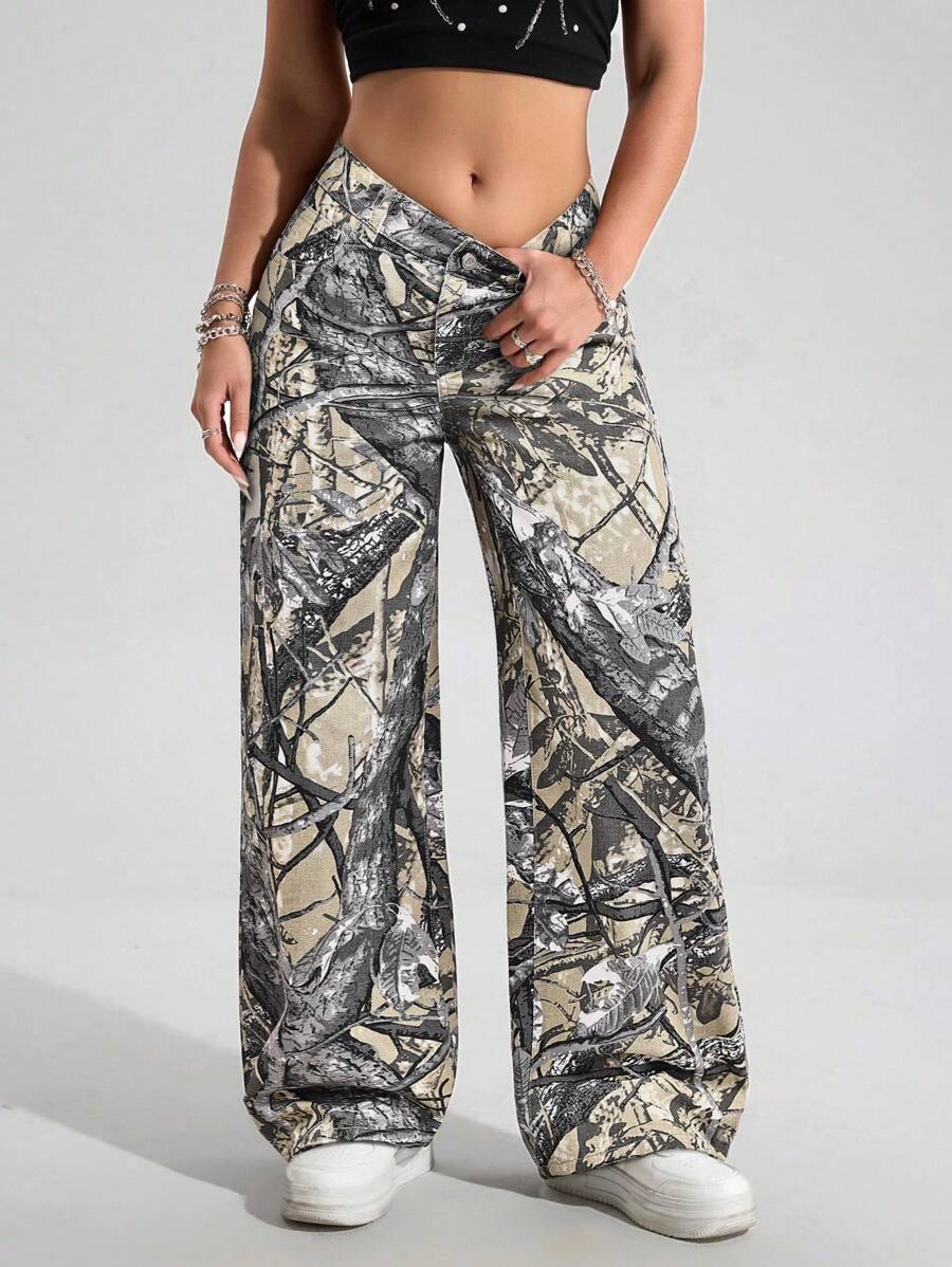 SHEIN EZwear Women Street Casual Tree Print Loose Fit Jeans