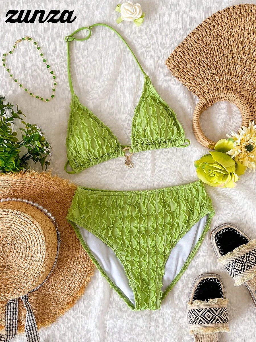 Teen Girls' Solid Color Halter Bikini Set