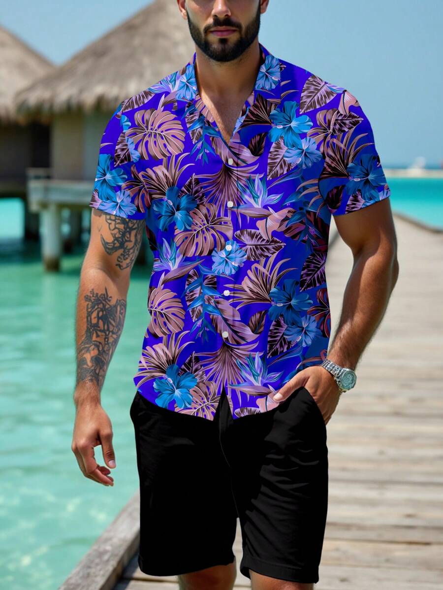 Manfinity RSRT Men's Random Plant Print Short Sleeve Shirt Beach Shirts For Men Tropical Shirts For Men