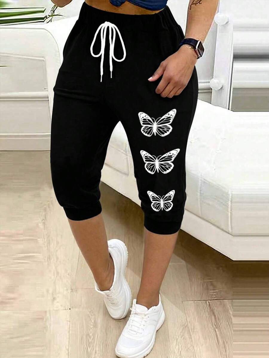 SHEIN LUNE Pantalones casuales con cordón y estampado de mariposa en tallas grandes