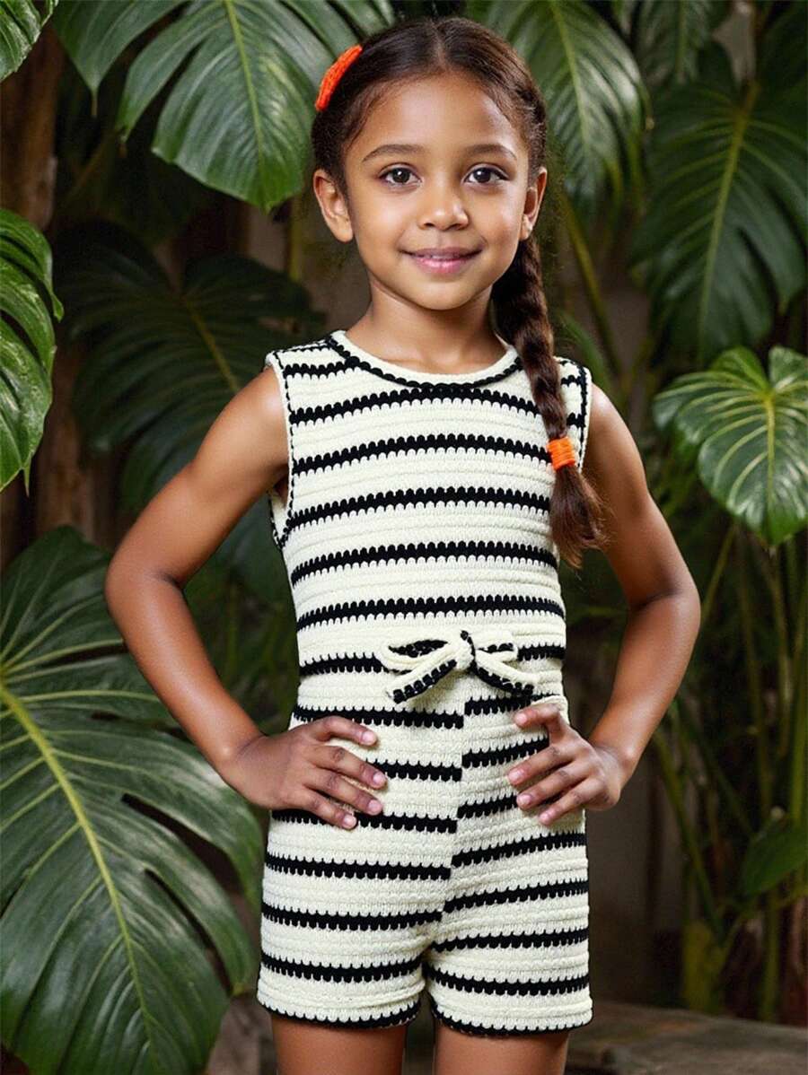 SHEIN Young Girls Casual Round Neck Stripe Jumpsuit, New Spring/Summer Collection