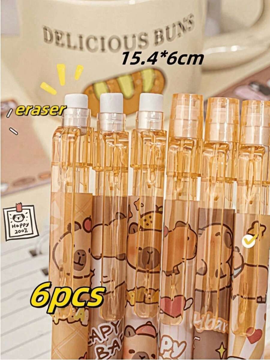 SHEIN 1pc/3pcs/6pcs/12pcs Capybara Erase Push-Button Automatic Pencil, (6pcs Box) Color Style Random, High-Quality Creative Student Stationery Pen, Cute Erase Automatic Pencil, 0.5mm Student 2B Pencil, No To Sharpen The Core, Replaceable Core Push-Button Automatic Core, Smooth Writing, Built-In Eraser, Suitable For Adult And Student Creation, Family Drawing, Christmas Card Coloring,Office Signature Supplies, Giftery For Family, Friends, Colleagues, Boys, Girls, School Supplies
