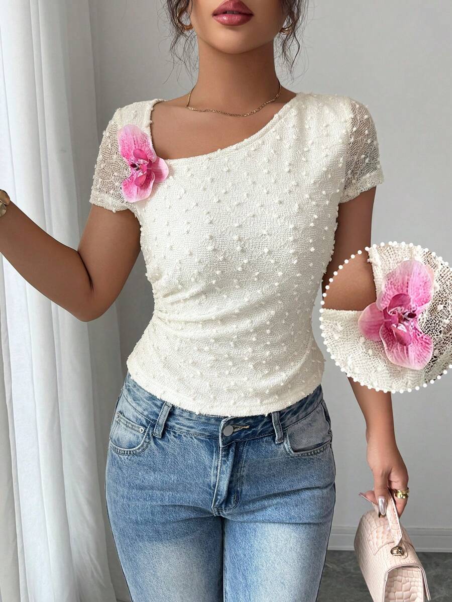 Elenzga Women 3D Flower Decor Asymmetric Collar Short Sleeve T-Shirt, Summer