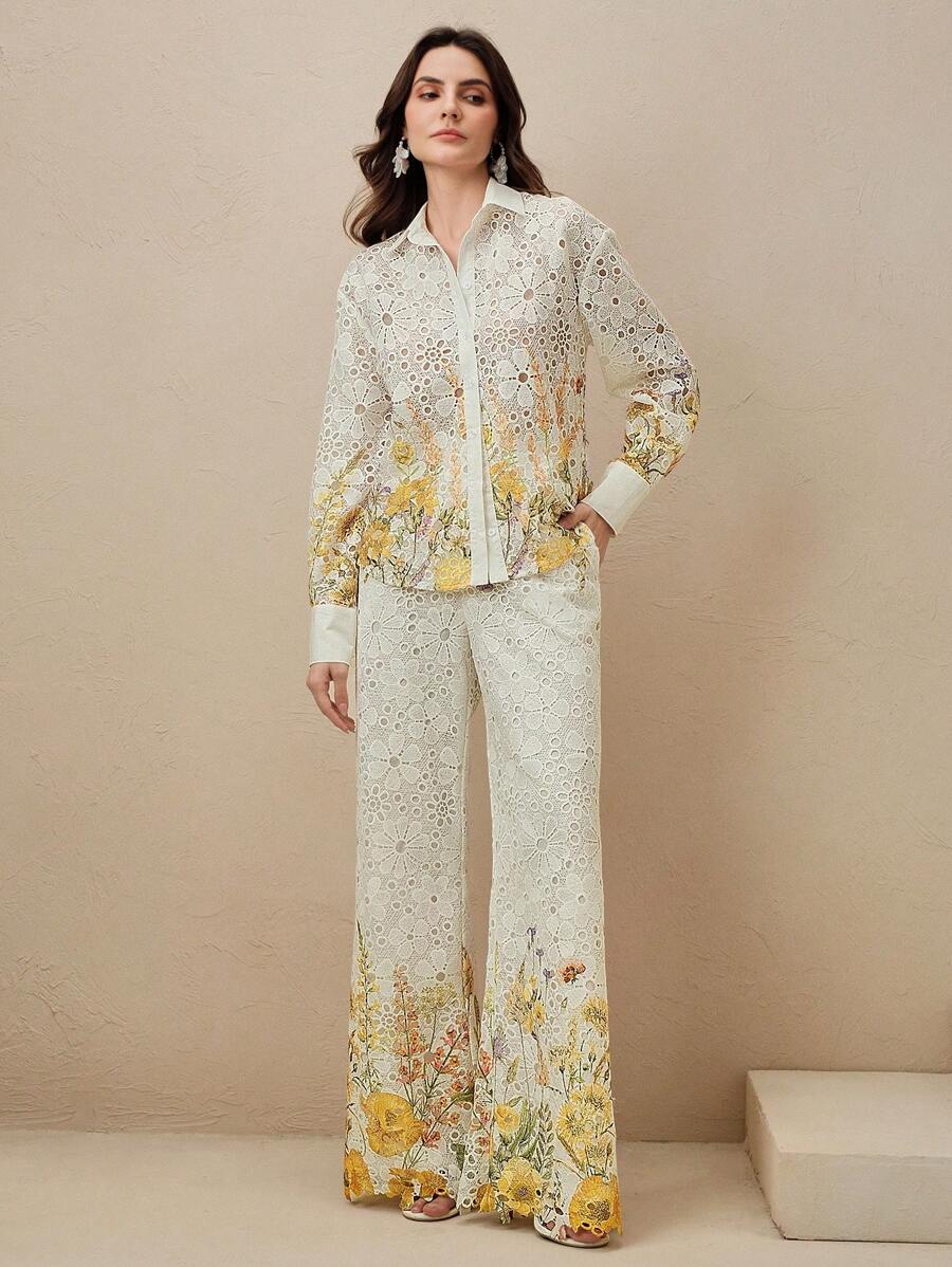 Anewsta Women Floral Print Lace Hollow Blouse And Long Pants Set, Elegant 2 Pieces Outfit