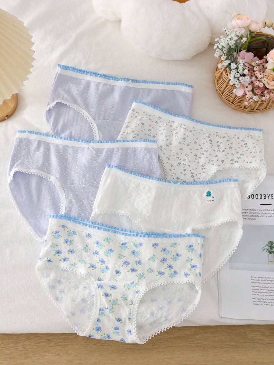 5pcs/Set Girls' Floral Print Soft Comfortable Briefs Underwear Set, Simple & Stylish Blue Color
