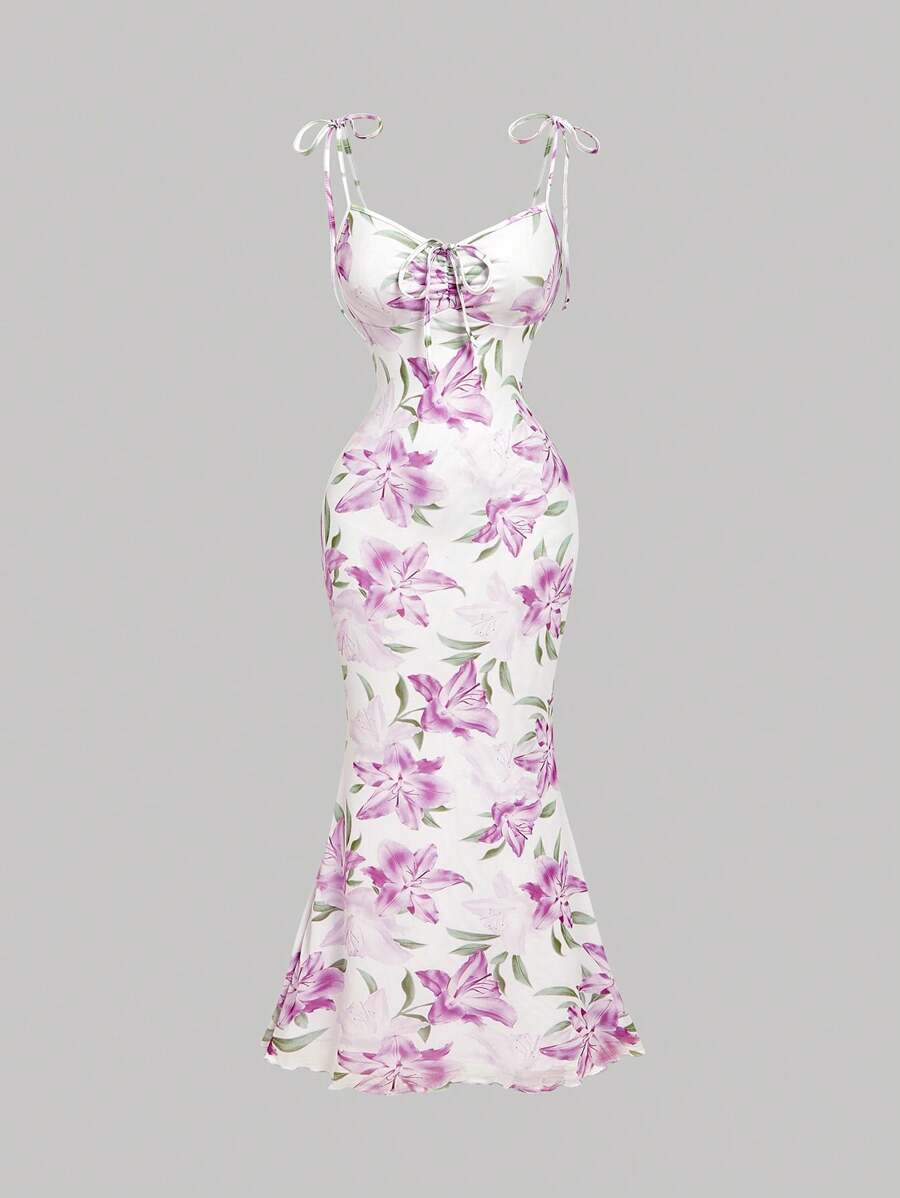 SHEIN MOD Women's Violet Floral Print Sleeveless Dress With Mermaid Hem, Violet Spring Dress