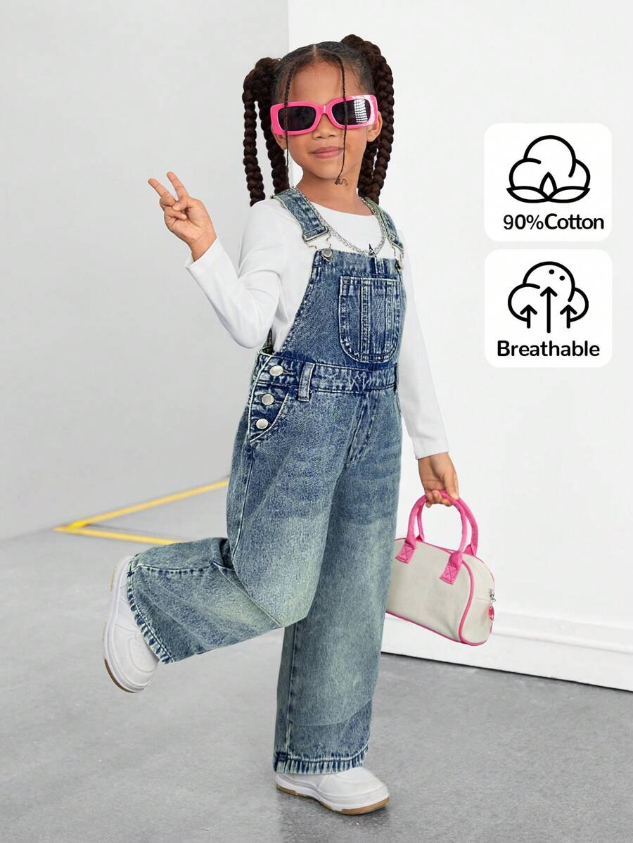 SHEIN Salopette di jeans larghe e morbide con tasche per giovani ragazze