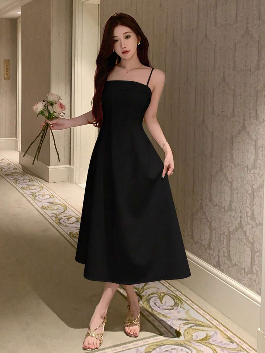 DAZY Vestido de fiesta de mujer con tirantes negros de unicolor