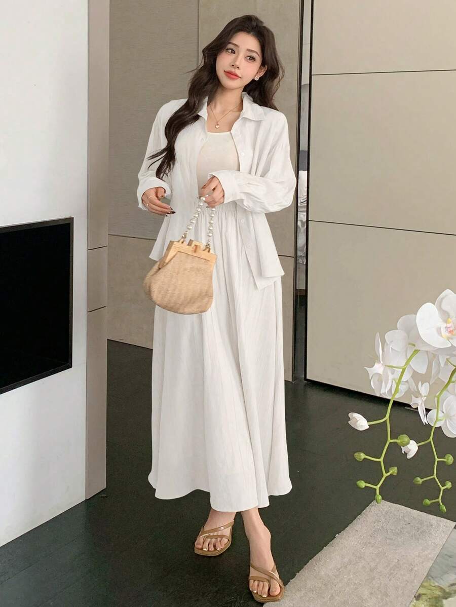 DAZY Women Solid Color Long Sleeve Single-Breasted Shirt And Midi Skirt 2pcs Casual Set