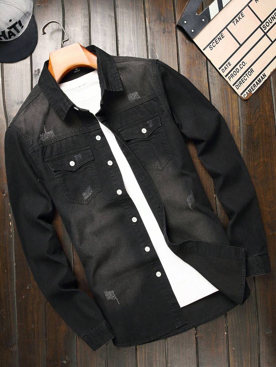 Manfinity Homme Plus Size Men's Long Sleeve Single Breasted Casual Denim Shirt