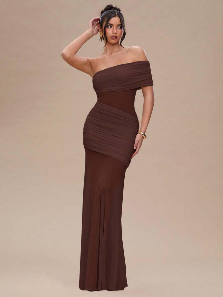 SHEIN BAE Abito midi elegante da donna con vita plissettata e orlo a coda di sirena in tinta unita