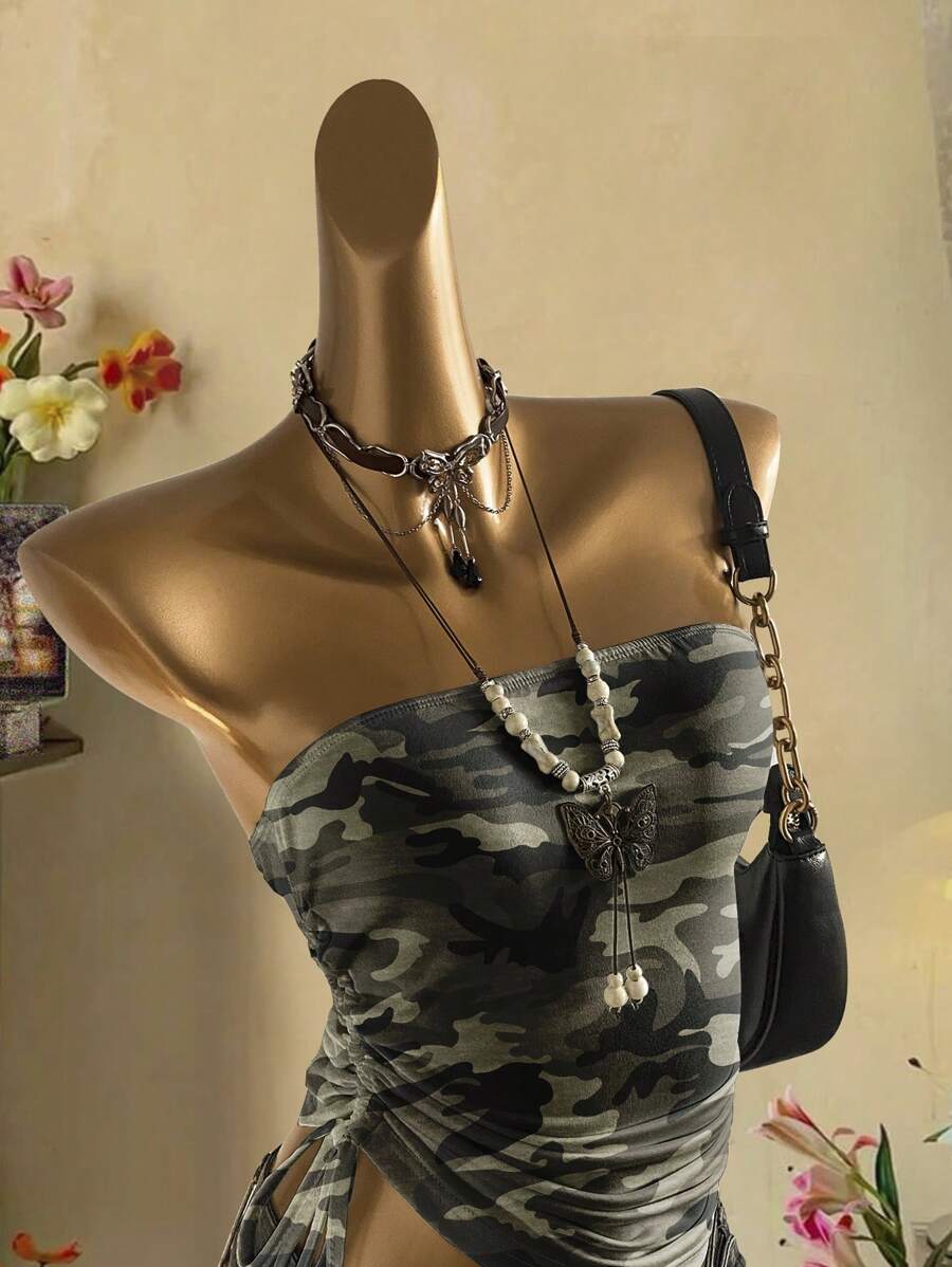Attitoon Top de estilo casual vintage con estampado de camuflaje verde oliva en todo el diseño, ideal para volver al colegio
