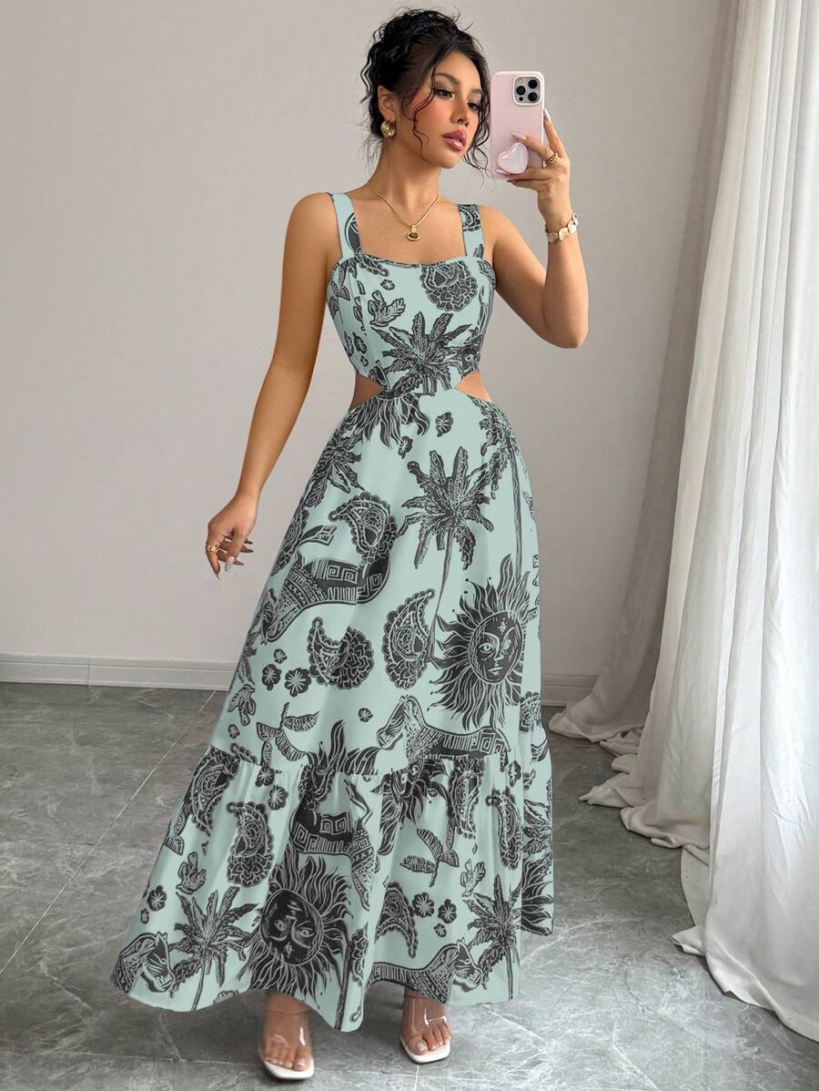 Elenzga 2025 Fashionable Print Square Collar Belted Cutout Back Lace-Up Casual Vacation Sleeveless Dress, Bohemian Music Festival Style, Summer