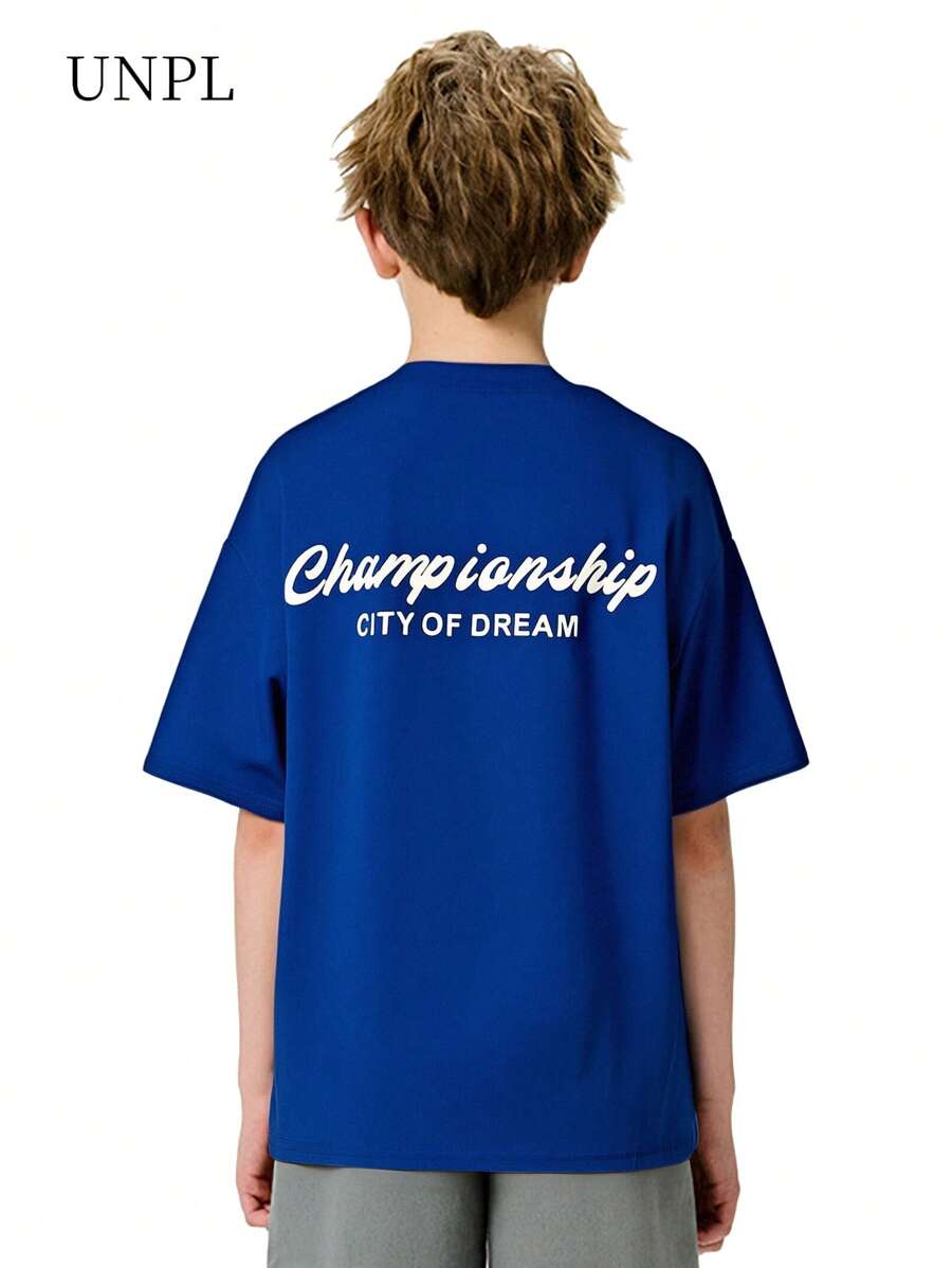 Tween Boys' Fashion Street Style Letter Print Loose Fit Round Neck T-Shirt, Classic Neckline Design