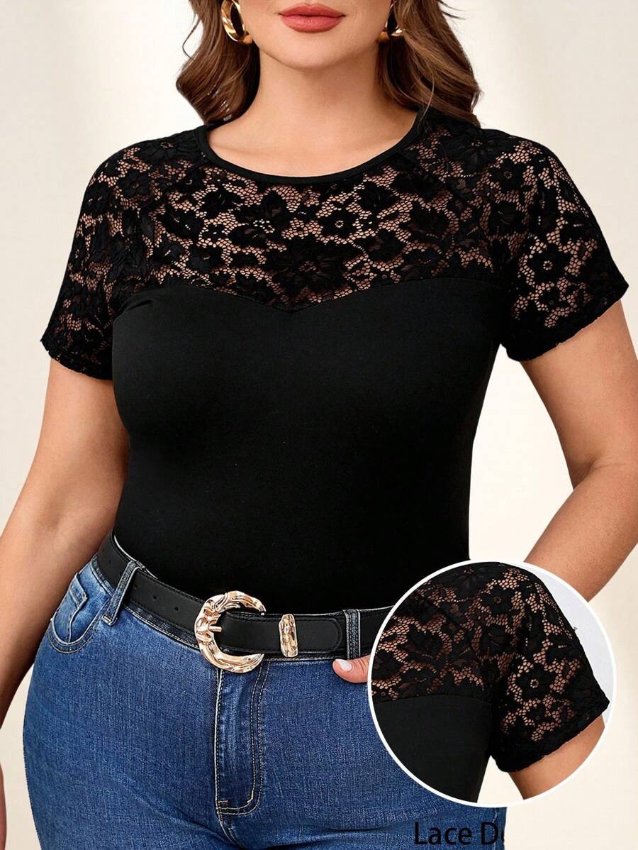 SHEIN Clasi Plus Size Elegant Ronde Hals Contrast Kant Dames Zomer T-shirt, Zomer Tops, Casual Dagelijkse Kleding, Zwarte Shirts, Kant Tops, Elegante Tops Voor Vrouwen, Casual Tops Voor Vrouwen, Tops Dames Tops, Elegant
