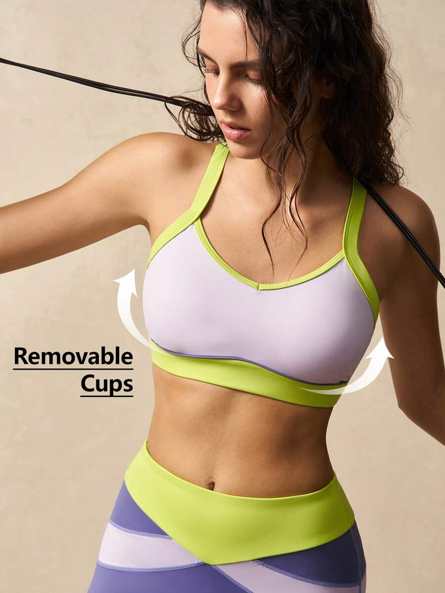 VARSITIE Women Contrast Color Trim Casual Sports Bra, Summer Gym Top