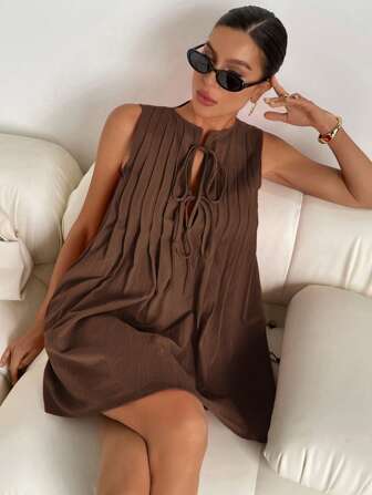 Siren Gaze Women's Solid Color Pleated Tie Neck Elegant Sleeveless Mini Dress Women Short Dresses Summer Women Summer Clothing Work Summer Dresses Woman S Summer Clothes Women Plus Sun Dress Brown Dress Women Brown Sundress Coffee Brown Dress Brown Summer Dress Tie Front Dress Women Brown Tie Front Dress