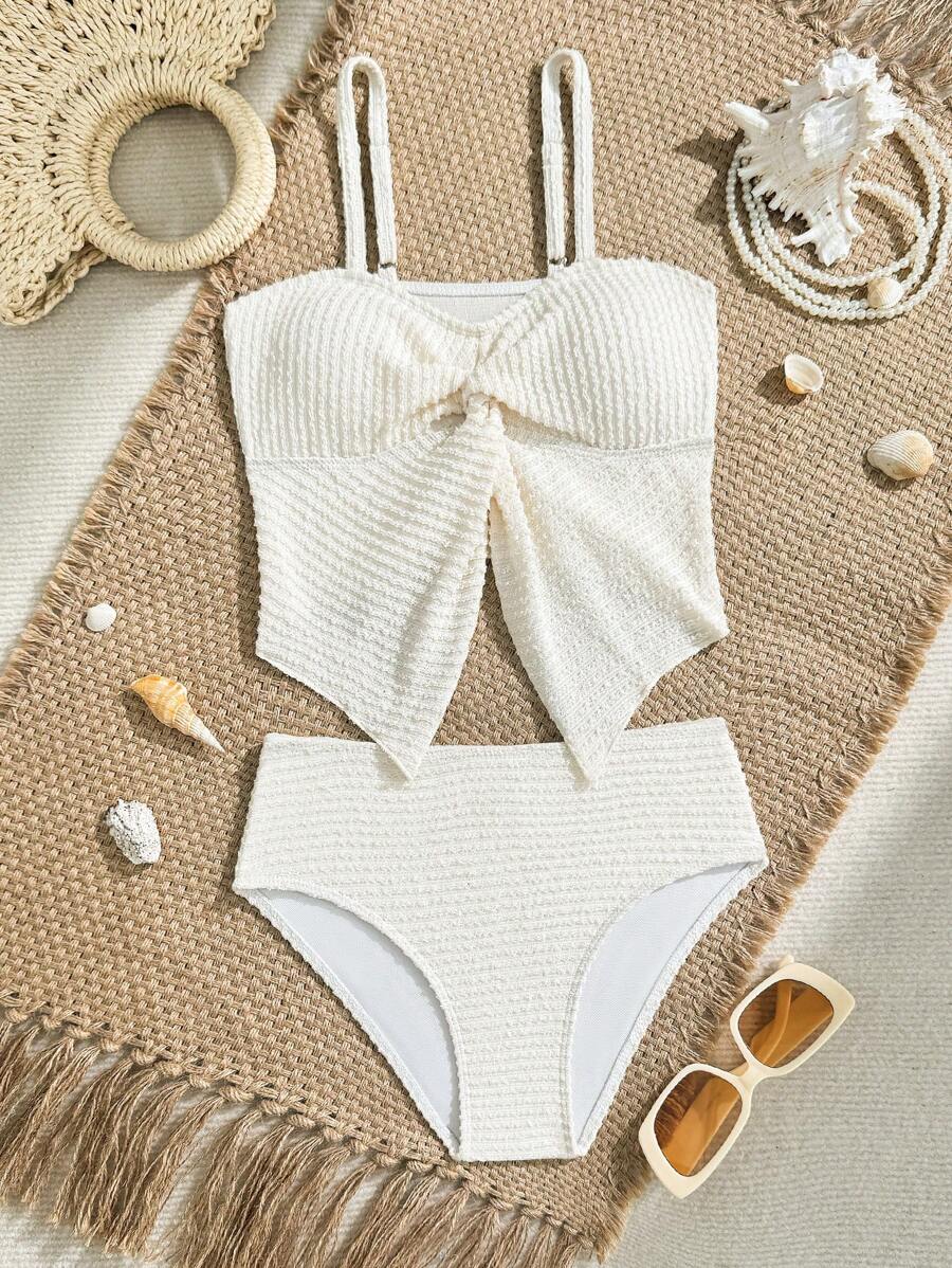 Set di tankini estivi con spalline sottili e groviglio per ragazza pre-adolescente, adatto per spiaggia, piscina, vacanza