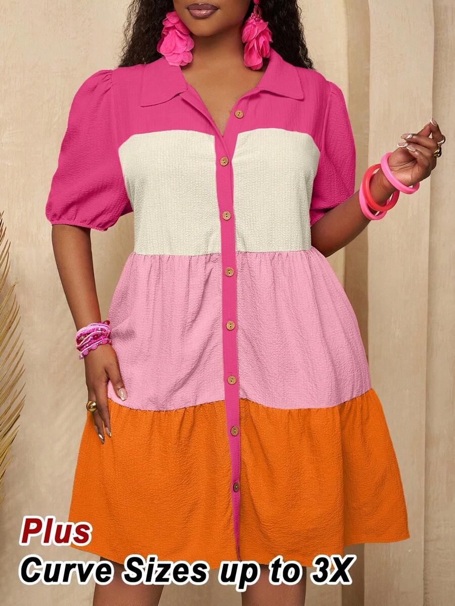 Slaydiva Nuovi arrivi primavera/estate 2025, regalo per la festa della mamma, abito casual estivo, abito basic per vacanza, abito ampio a blocchi di colore con maniche a palloncino e scollo aperto