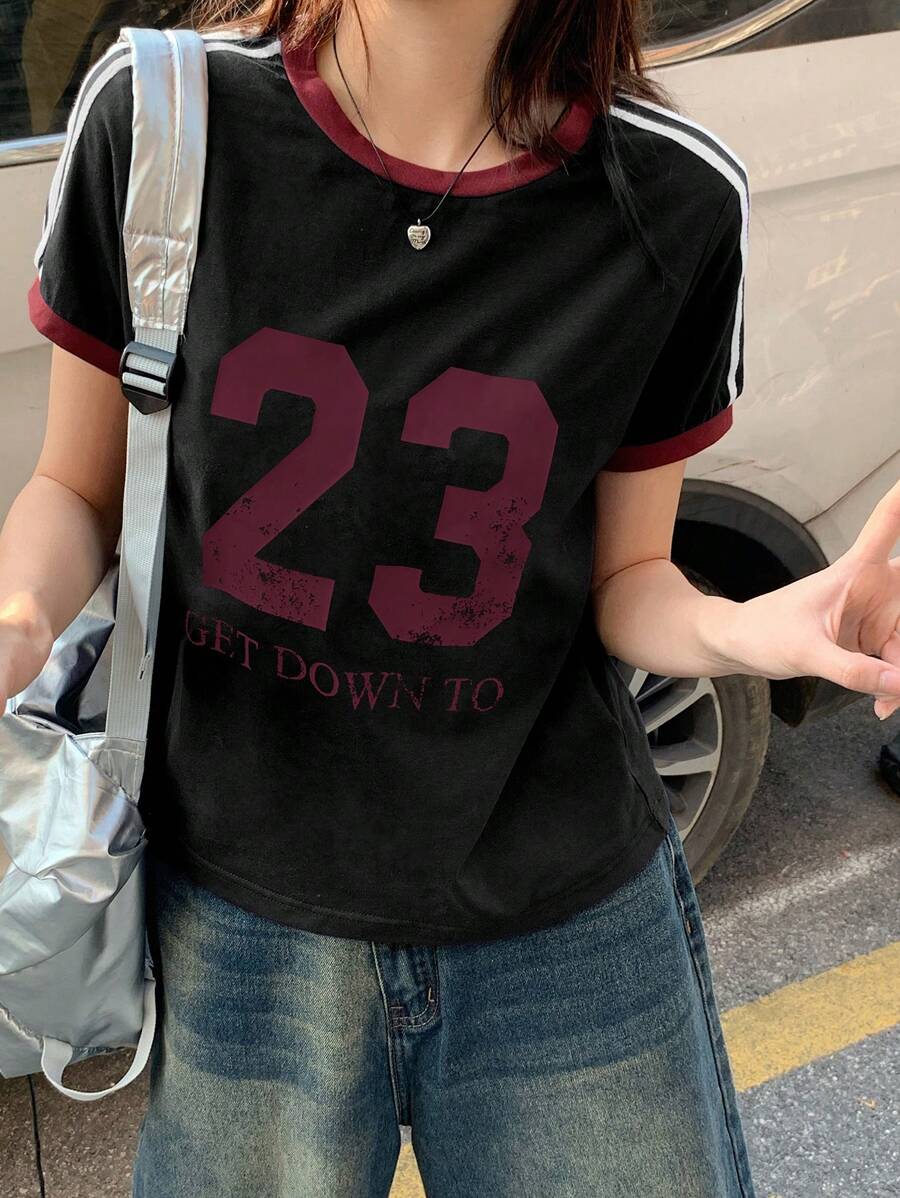 DAZY maglietta casual a maniche corte da donna con logo a contrasto, stile sportivo e casual da strada adatta per adolescenti