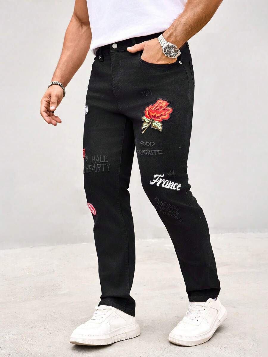 Manfinity LEGND Jeans rectos para hombre con bolsillos con parche bordado, versátiles y casuales