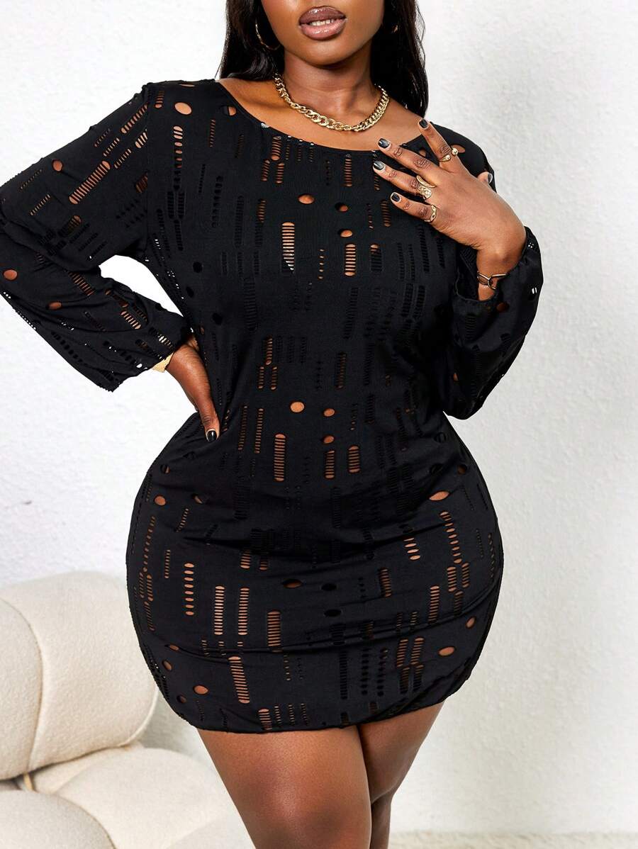 Slaydiva Plus Size Women Hollow-Out Sexy Casual Vacation Long Sleeve Cover Up