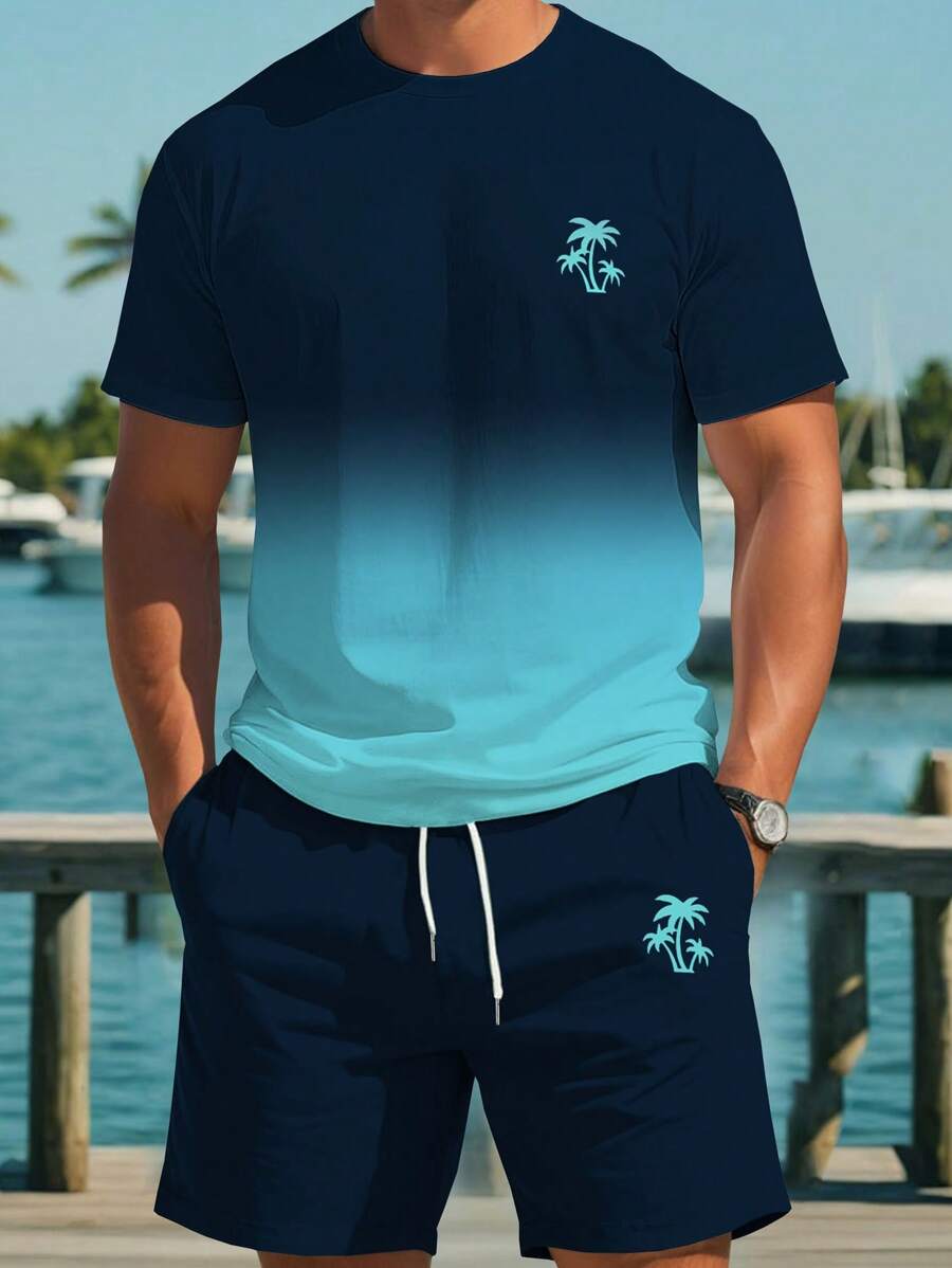 ResortEase Set da 2 pezzi, maglietta a maniche corte con stampa gradiente floreale e pantaloncini casual con tasche, per uomo taglia oversize, adatto per vacanze