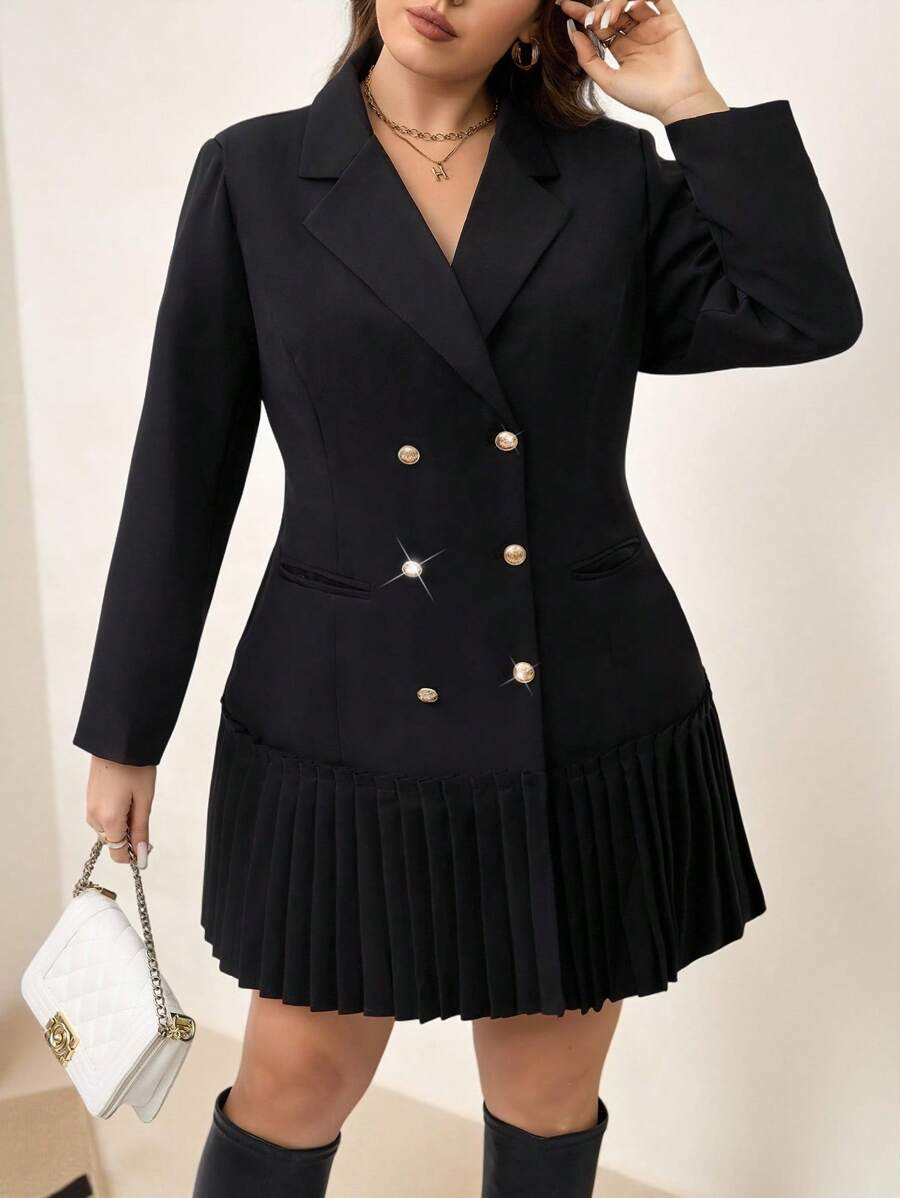 SHEIN Clasi Vestido de negocios y diario de doble botonadura con cuello de solapa para mujer de talla grande en unicolor