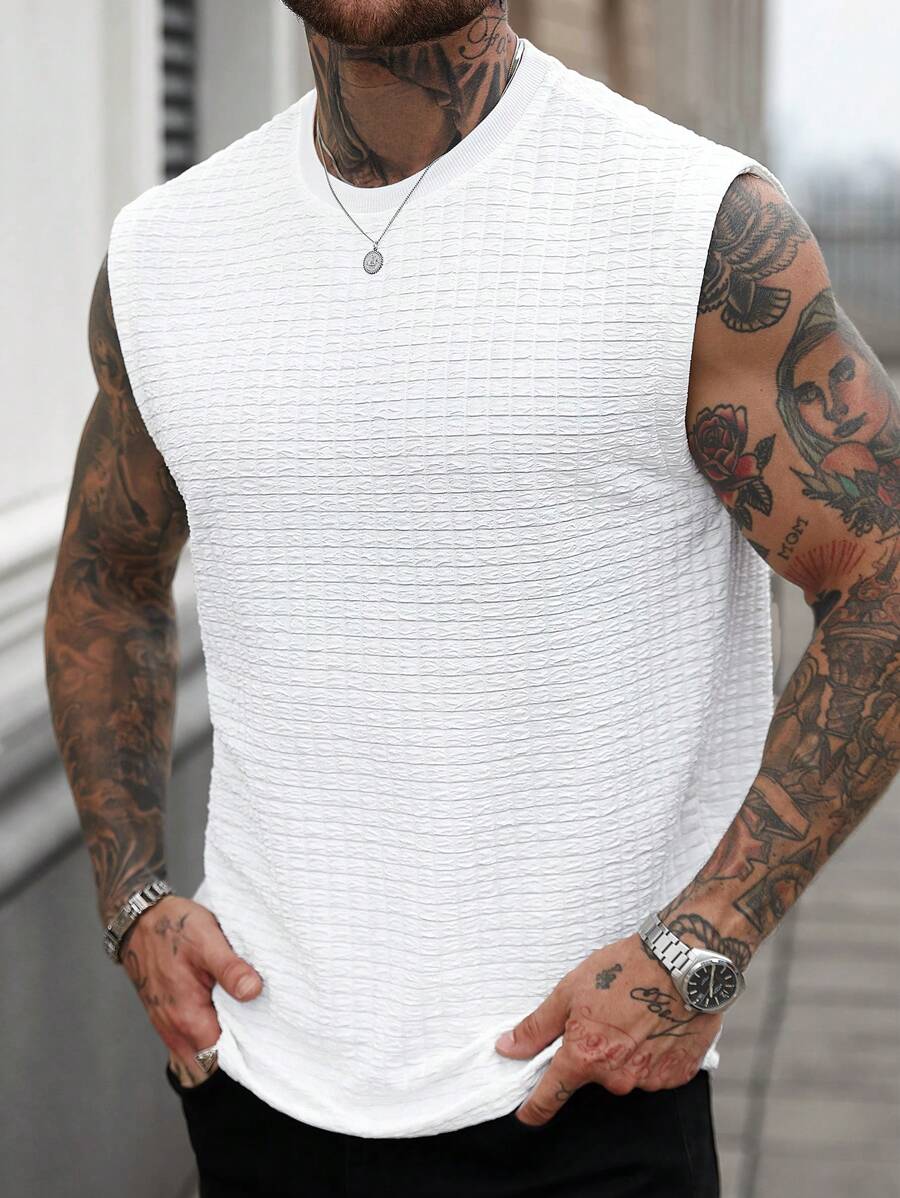 Manfinity Homme Camiseta de tirantes casual de punto de gofre con cuello redondo para hombre, para verano
