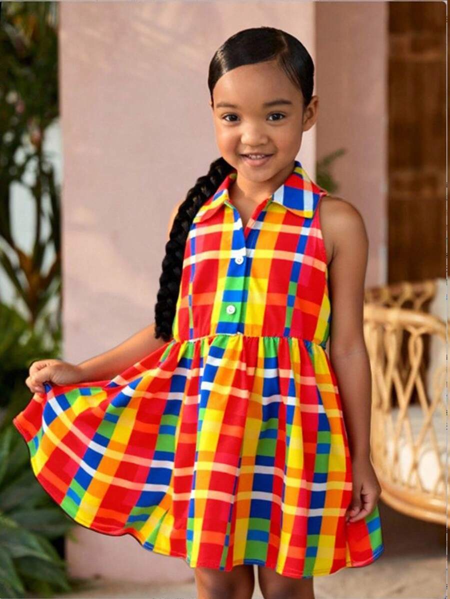 SHEIN Young Girl Casual Multicolor Plaid Sleeveless Collared Half-Button Front Dress