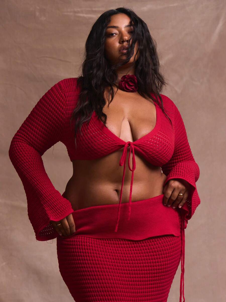 MUSERA Crochet Tie Front Long Flared Sleeve Crop Top Summer Vacation Holiday Swim Beach Sexy Romantic Elegant