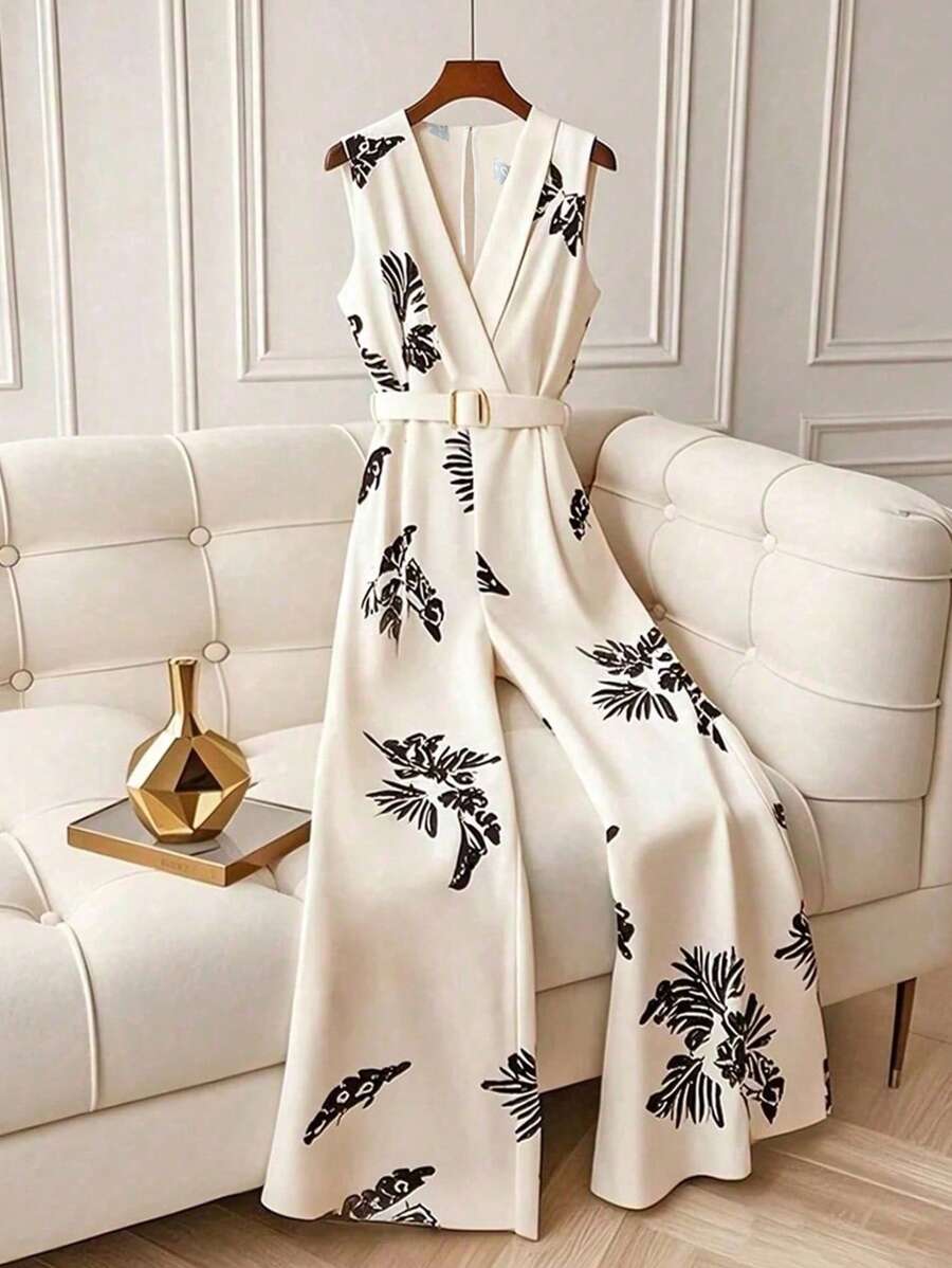 Franclia Pantalones acampanados de talle alto sin mangas con estampado de hojas elegante y de moda para mujeres, versátil, para primavera/verano